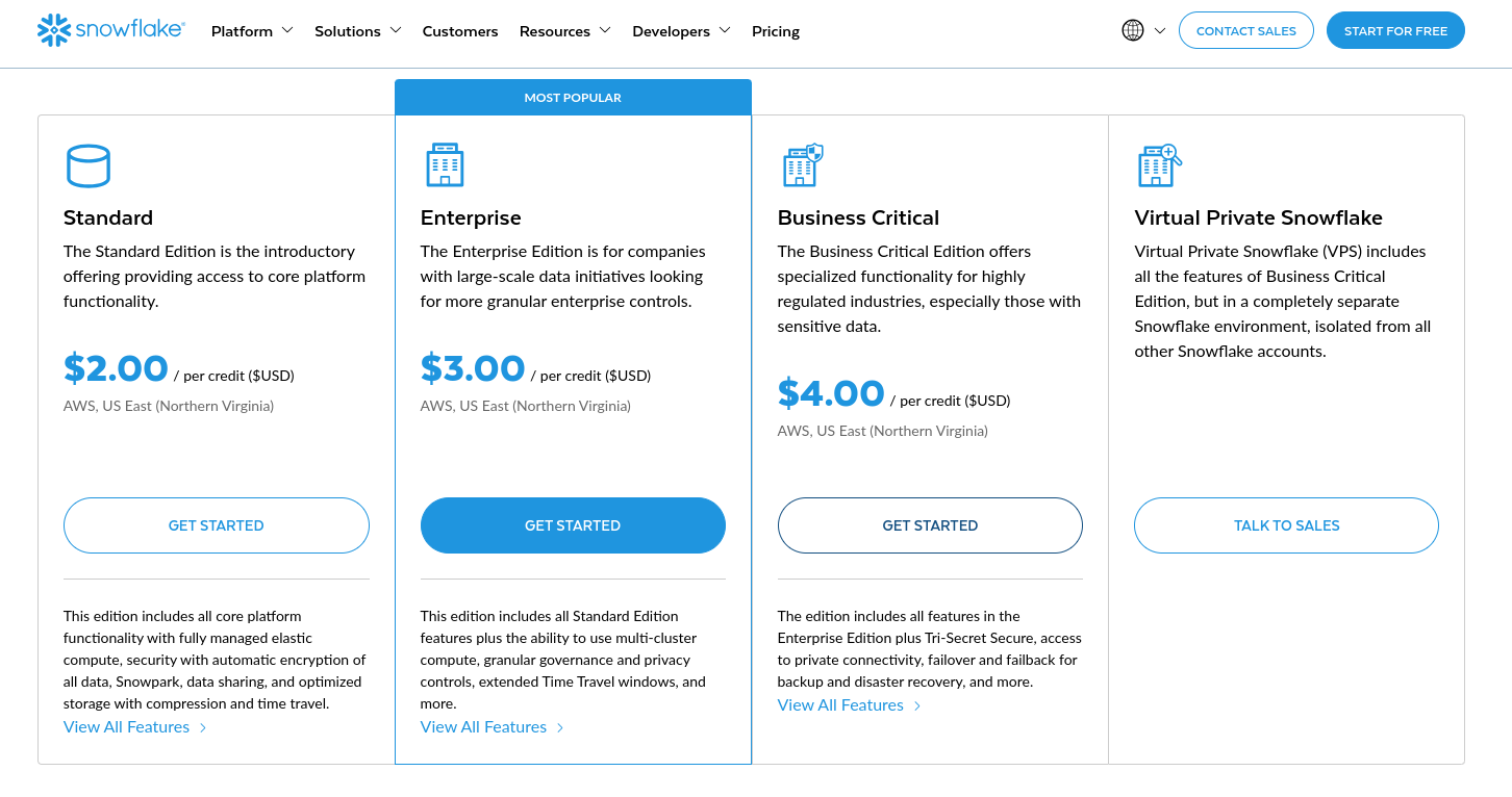 website page of snowflake pricing plans
