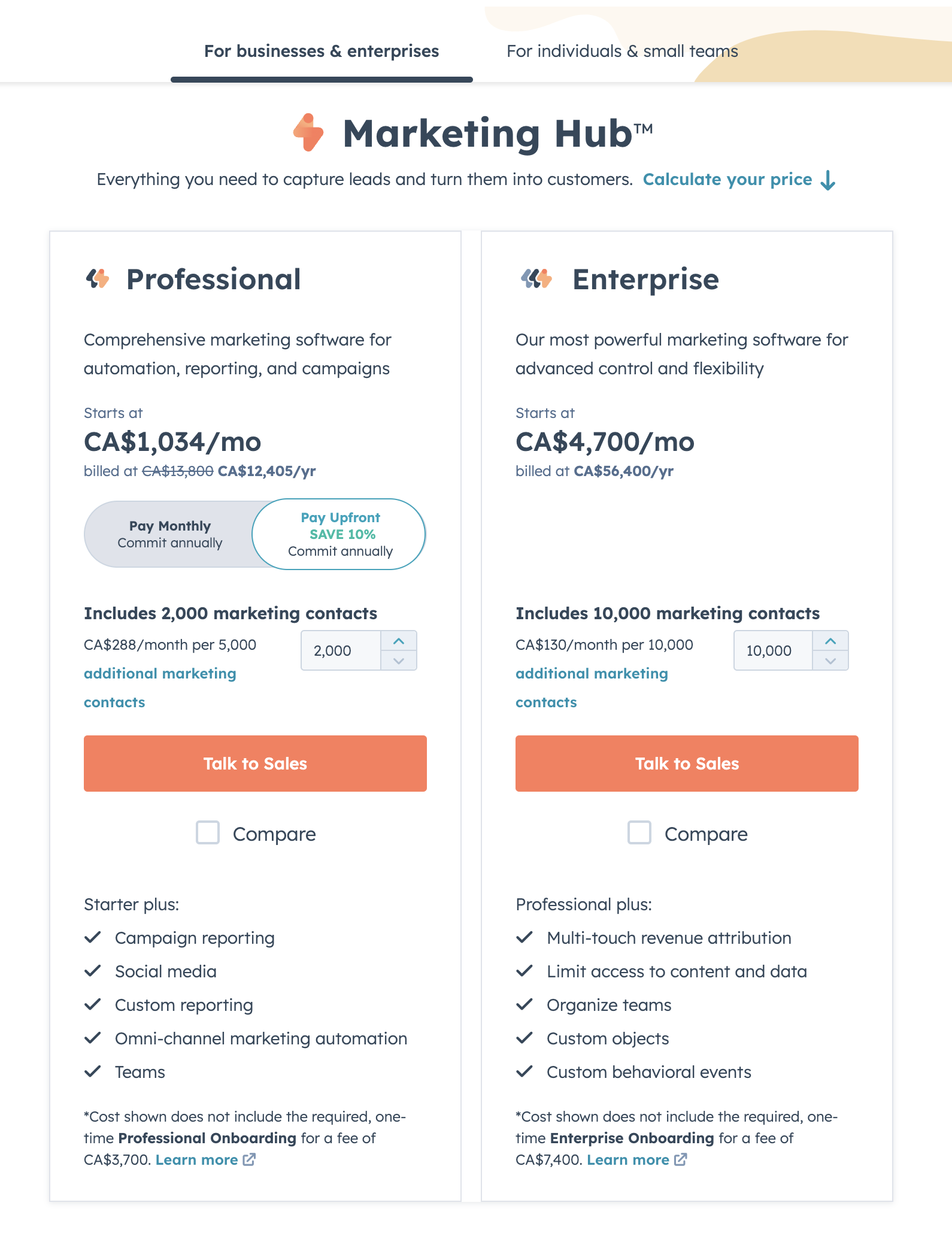 hubspot dynamic pricing for their marketing hub