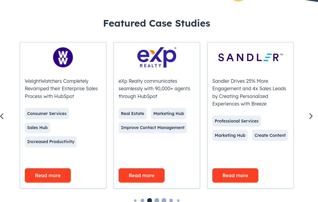 hubspot's client testiomnials and case studies shown on their website