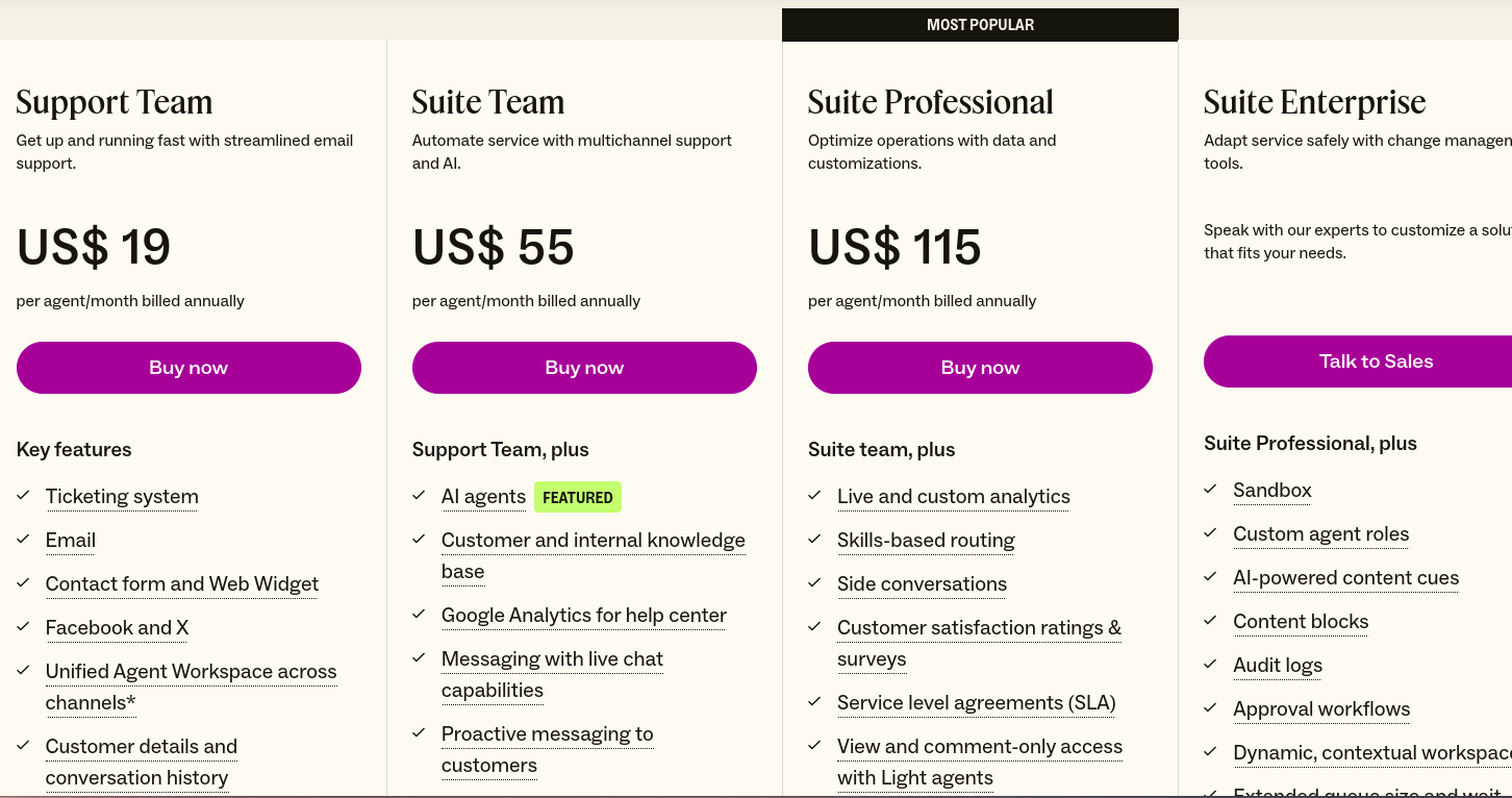 zendesk pricing plans displayed on its website