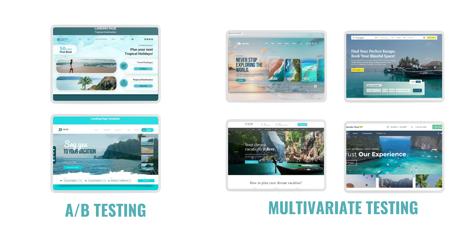 Six travel-themed web designs for A/B and multivariate testing
